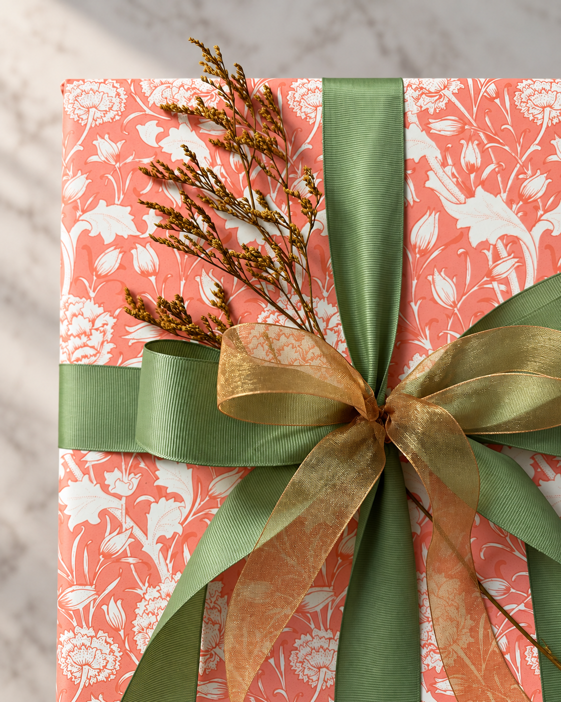Close-up of coral floral paper, layered green and gold ribbon, and a dried sprig.