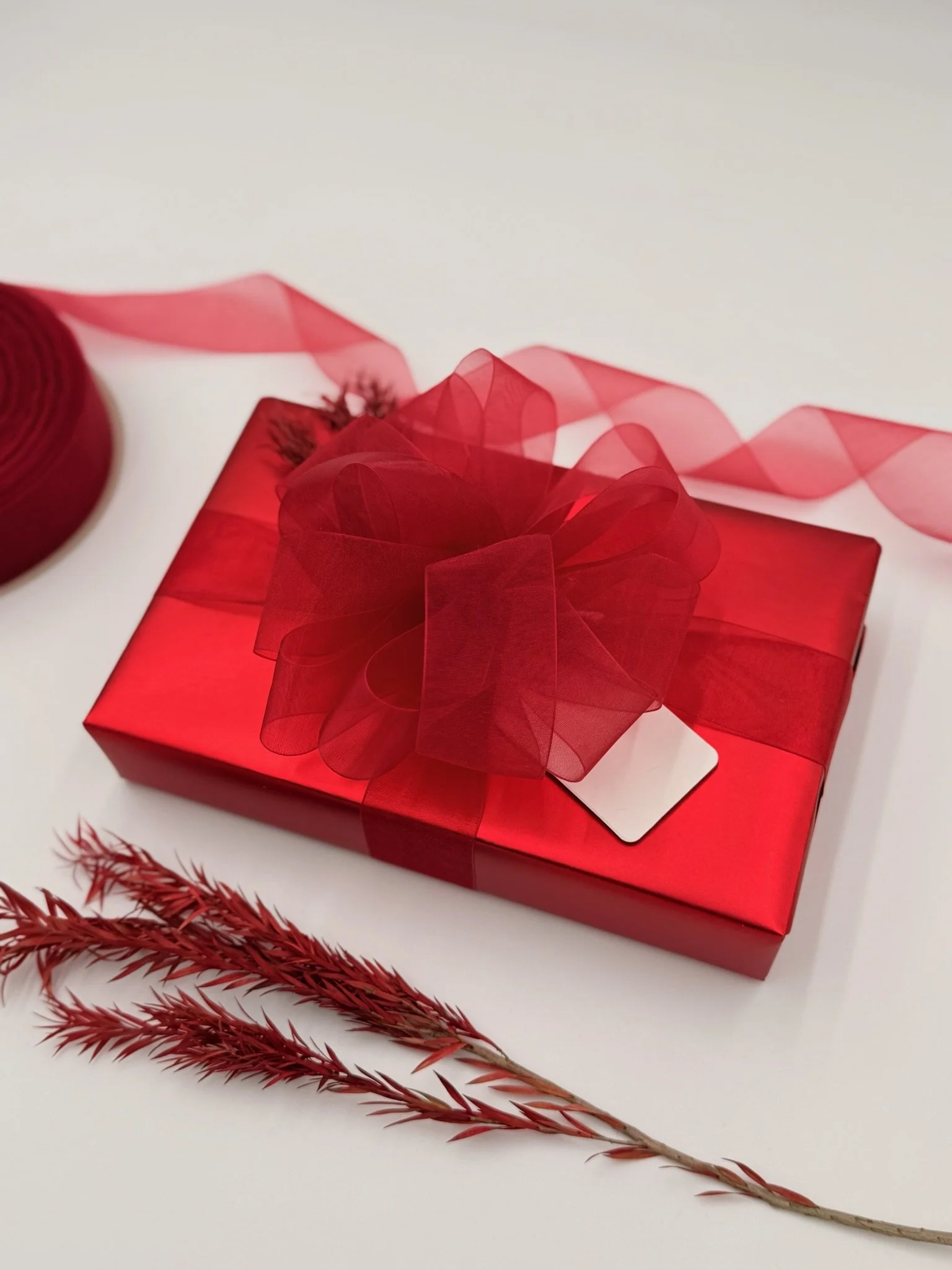 Red gift box wrapped with red ribbon and bow, with a small blank white tag, placed on a white surface with a red feather decoration nearby.