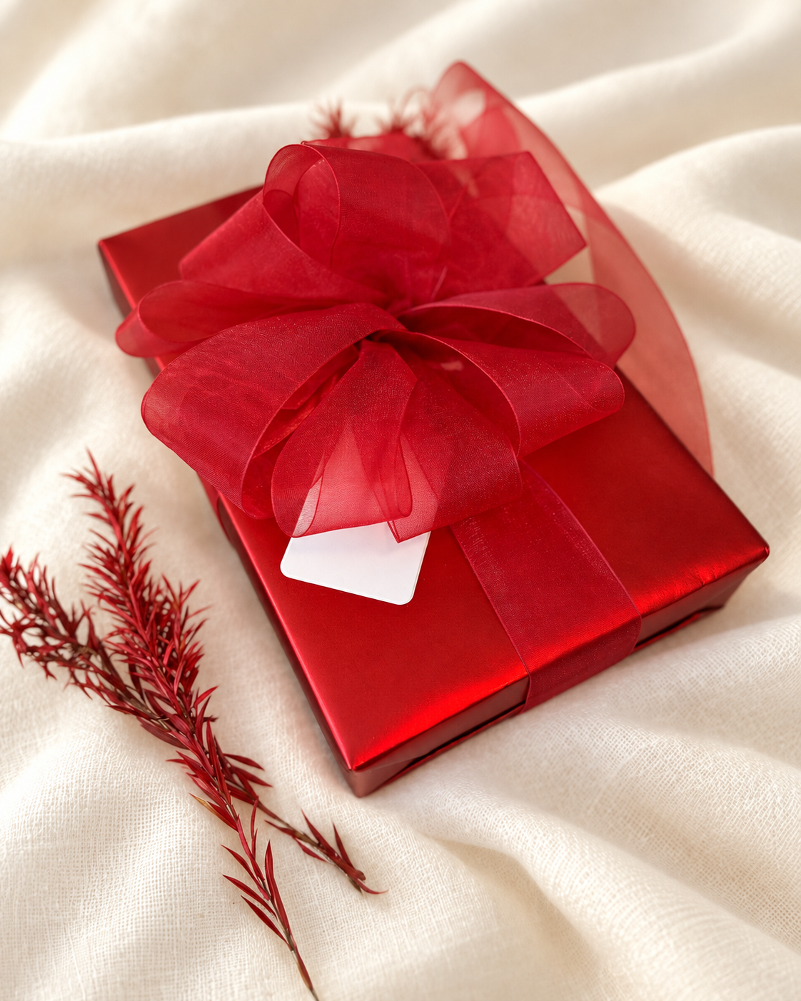 Red wrapped gift with a large red bow, white tag, and red sprig.