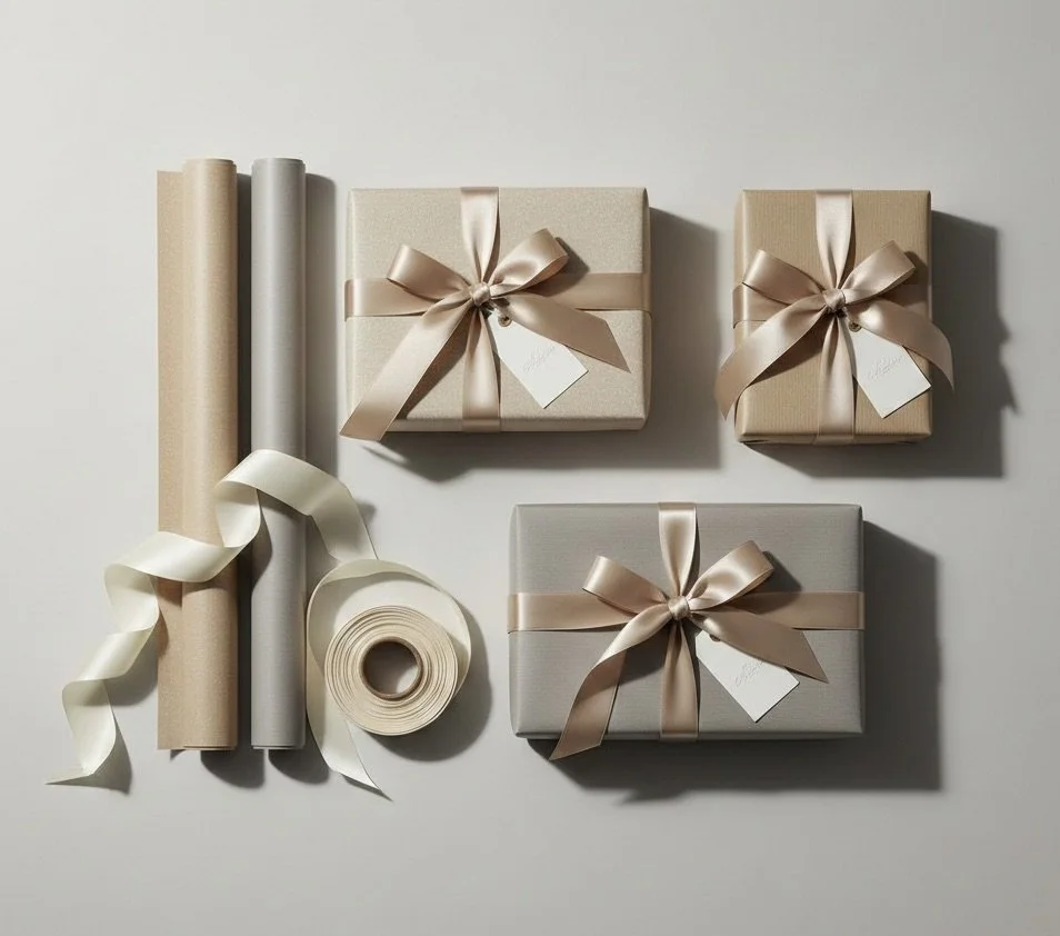 Three wrapped presents with satin ribbons and 4 rolls of gift wrapping paper in neutral tones.