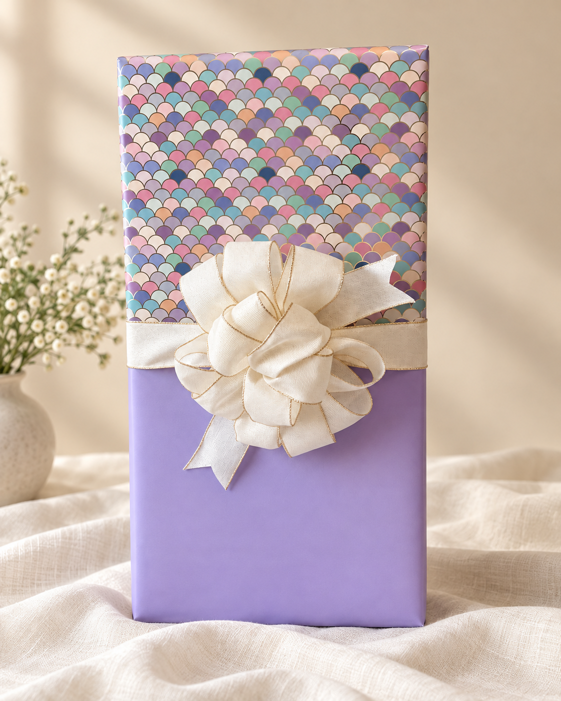 Lavender and multicolored patterned gift wrap with a cream ribbon rosette.
