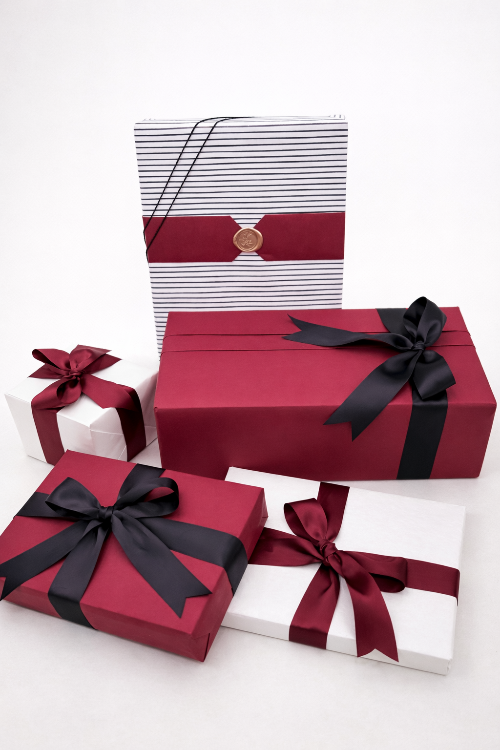 Several gift boxes wrapped in red and white paper with black or red ribbons and bows, placed against a plain white background.