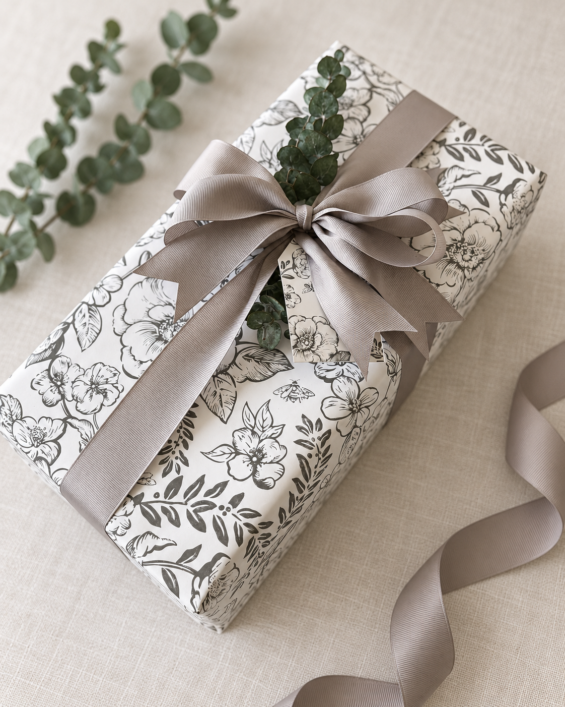 Floral gift box with a beige bow and eucalyptus
