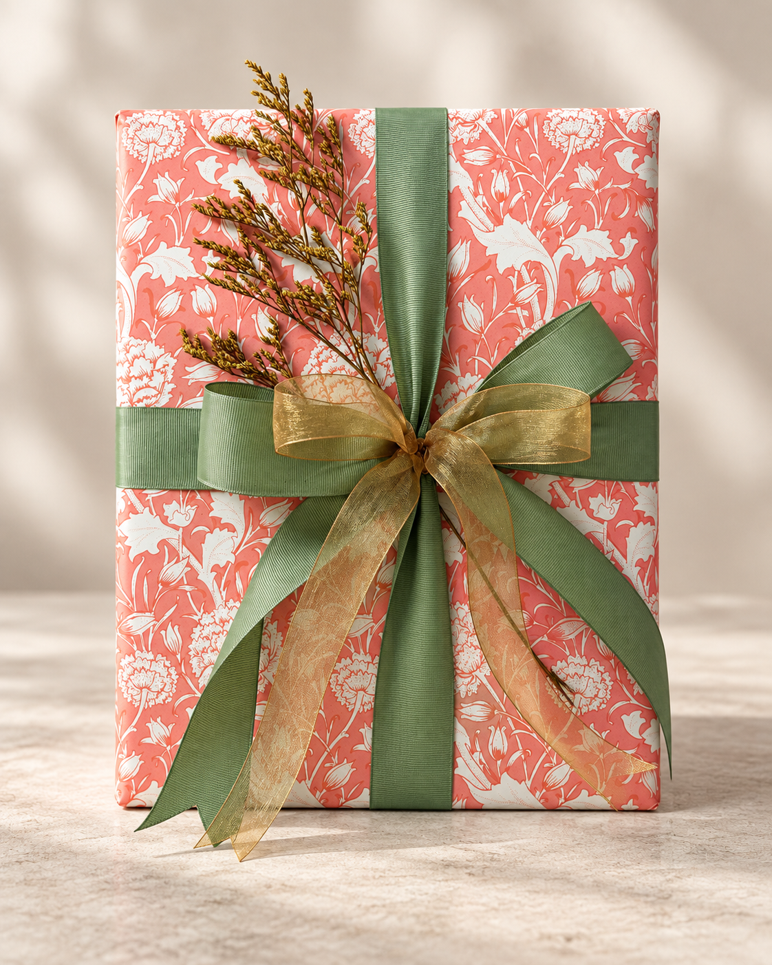 Coral floral gift with layered green and gold bows and a dried sprig.