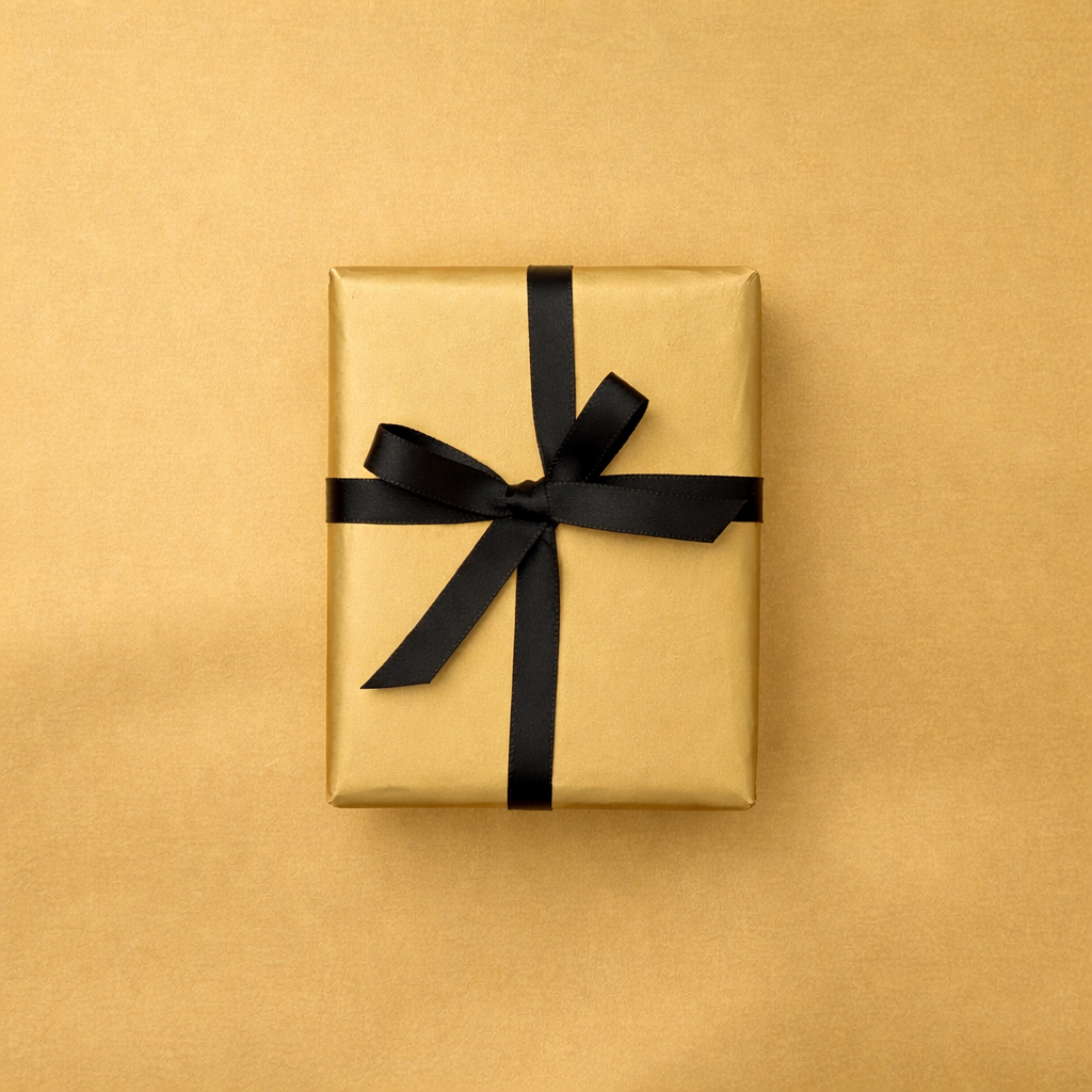 A rectangular gift wrapped in gold paper with a black ribbon tied into a bow on top, placed on a matching gold background.