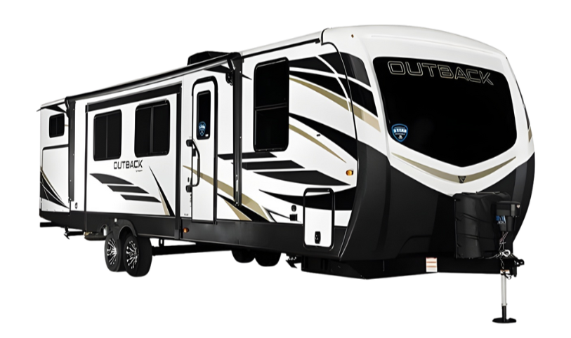 Modern white and black travel trailer with the brand name 'Outback' on the front, designed for camping and travel.