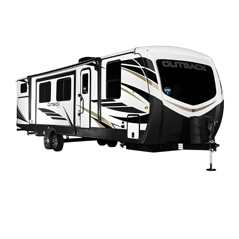 A white and black travel trailer with the word 'OUTBACK' written on the front, parked with a hitch at the front for towing.