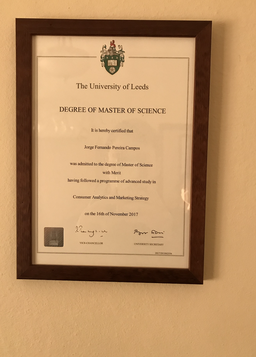 Framed university diploma from the University of Leeds awarded to Jorge Fernando Pereira Campos for a Master of Science in Consumer Analytics and Marketing Strategy, dated November 16, 2017.