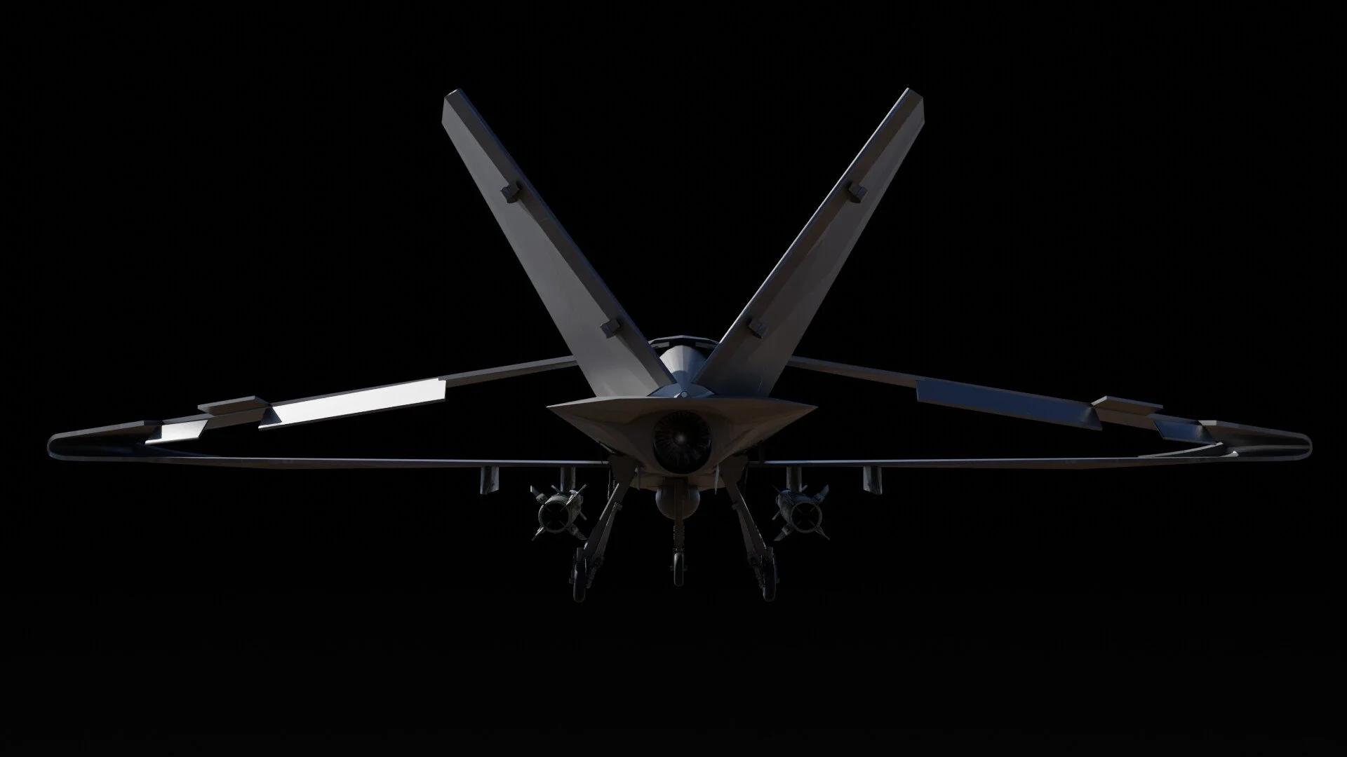 Rear view, showcasing engine exhaust, wing silhouette and avionics