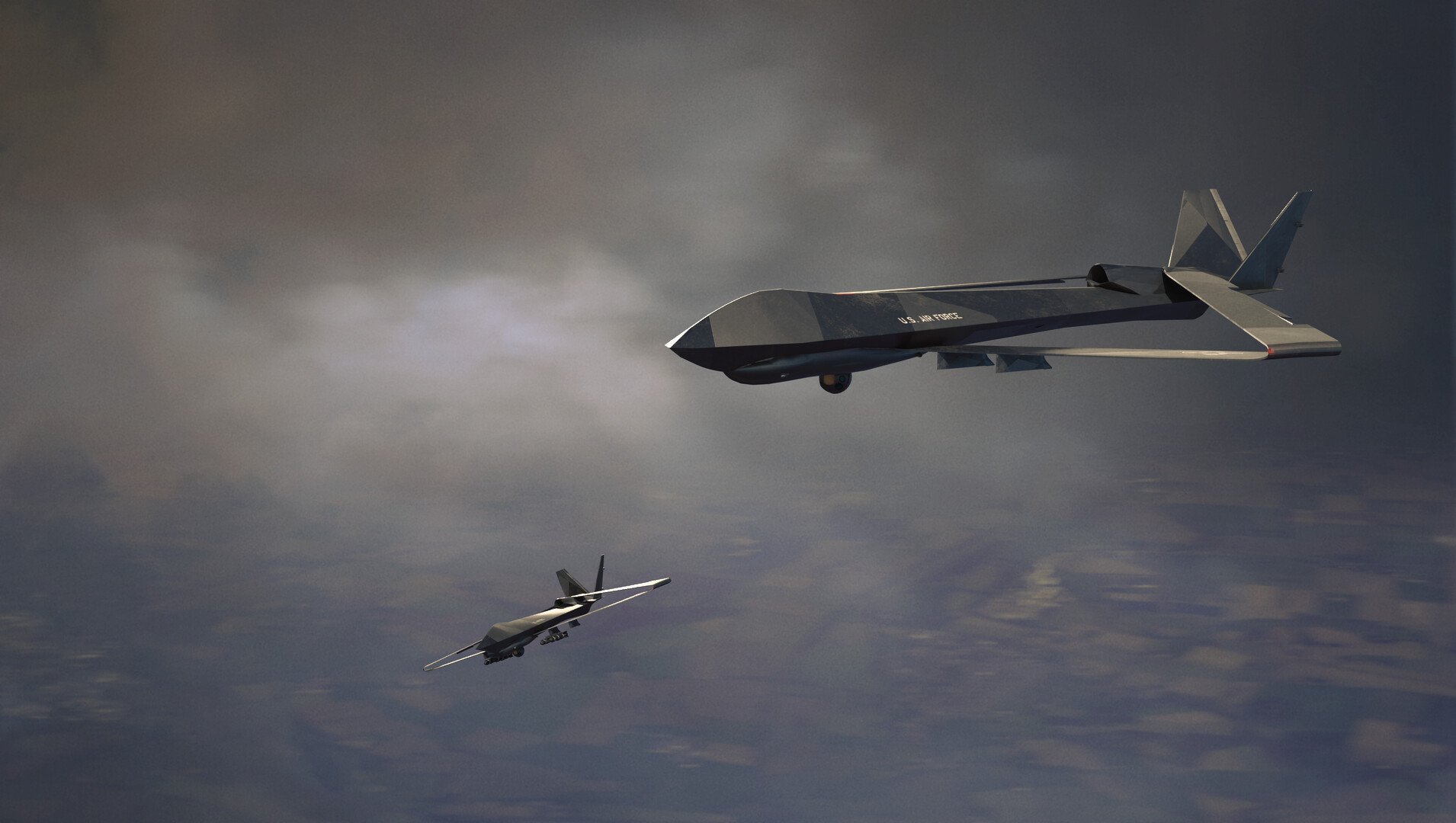 Ability to collaborate with other autonomous units. A 'wingman' type configuration is shown here