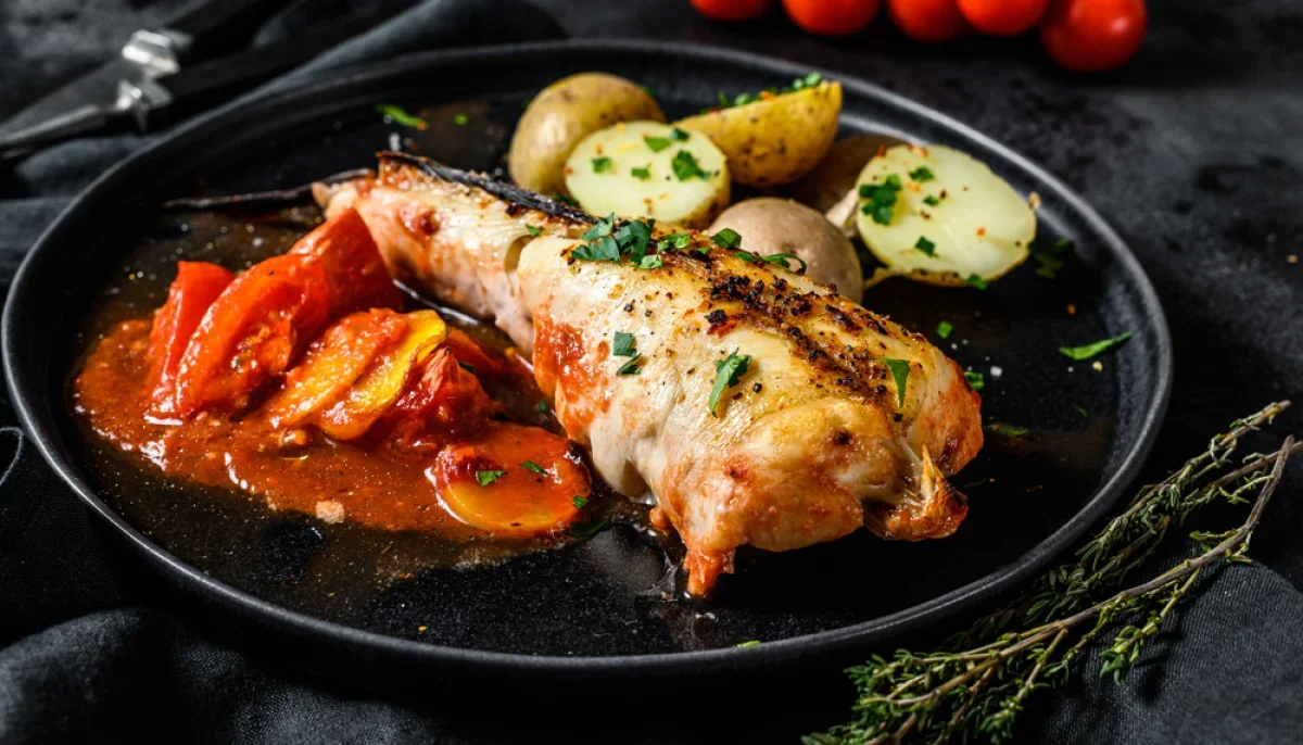 Plat de poisson grillé avec des pommes de terre et une sauce tomate, décoré de persil.