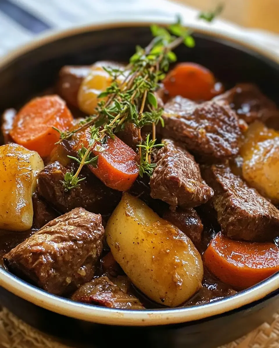Ragout de viande avec des morceaux de carottes, pommes de terre et un branche de thym comme garniture.