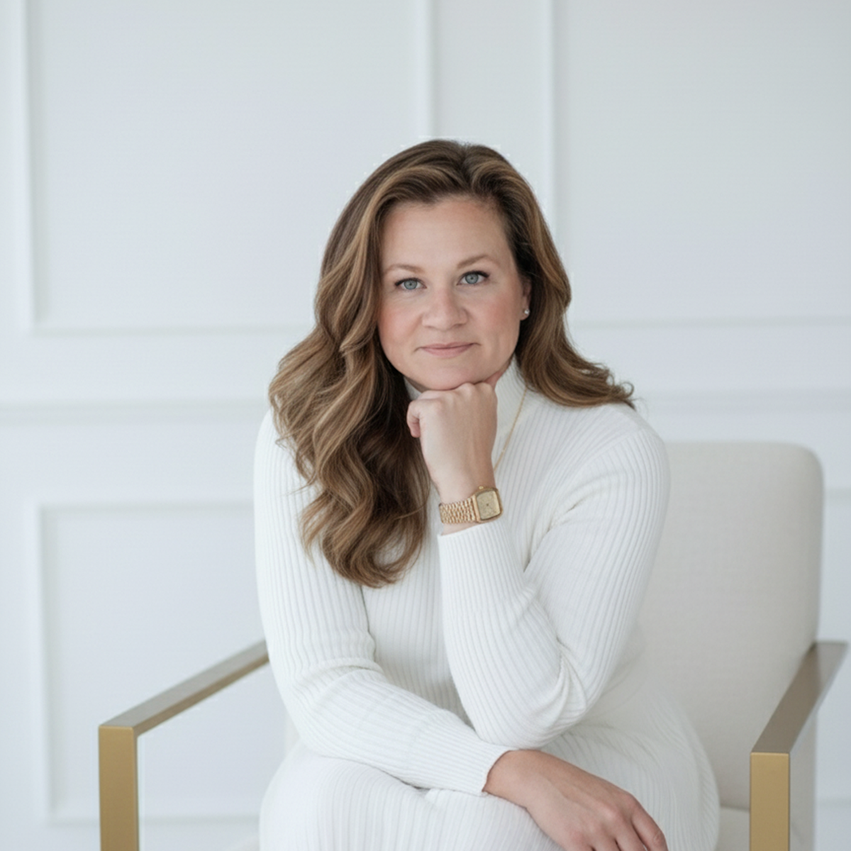 A woman with long wavy brown hair sitting on a white chair in a bright, minimalist room, wearing a white turtleneck and gold watch, looking directly at the camera with a thoughtful expression.