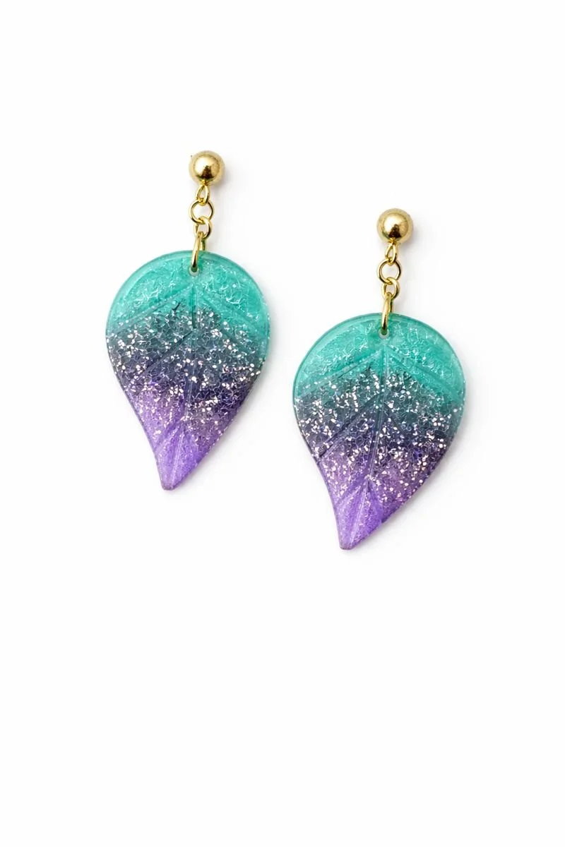Teal & Lavender Frosted Leaf Earrings