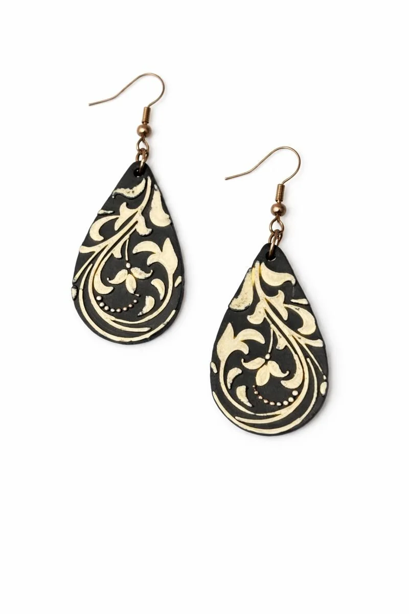 Black & Gold Scroll Teardrop Earrings