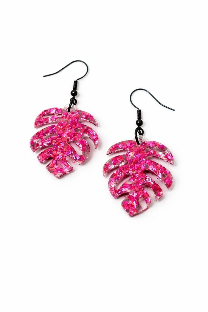 Pink Glitter Monstera Leaf Earrings