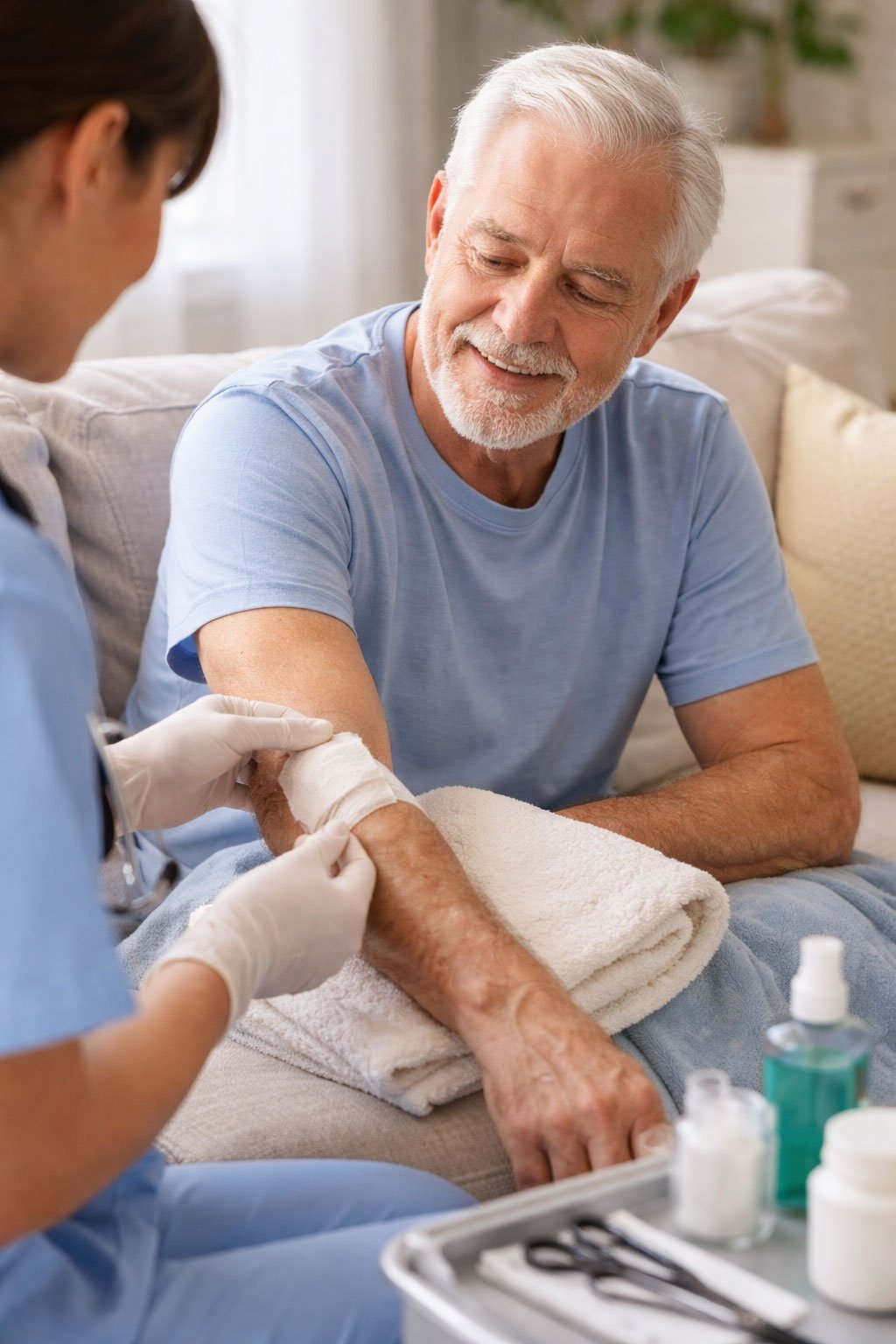 A smiling elderly man with white hair and a beard receives a vaccination from a healthcare worker with gloves in a well-lit room. The man is wearing a light blue t-shirt and sits on a couch with a towel on his lap.