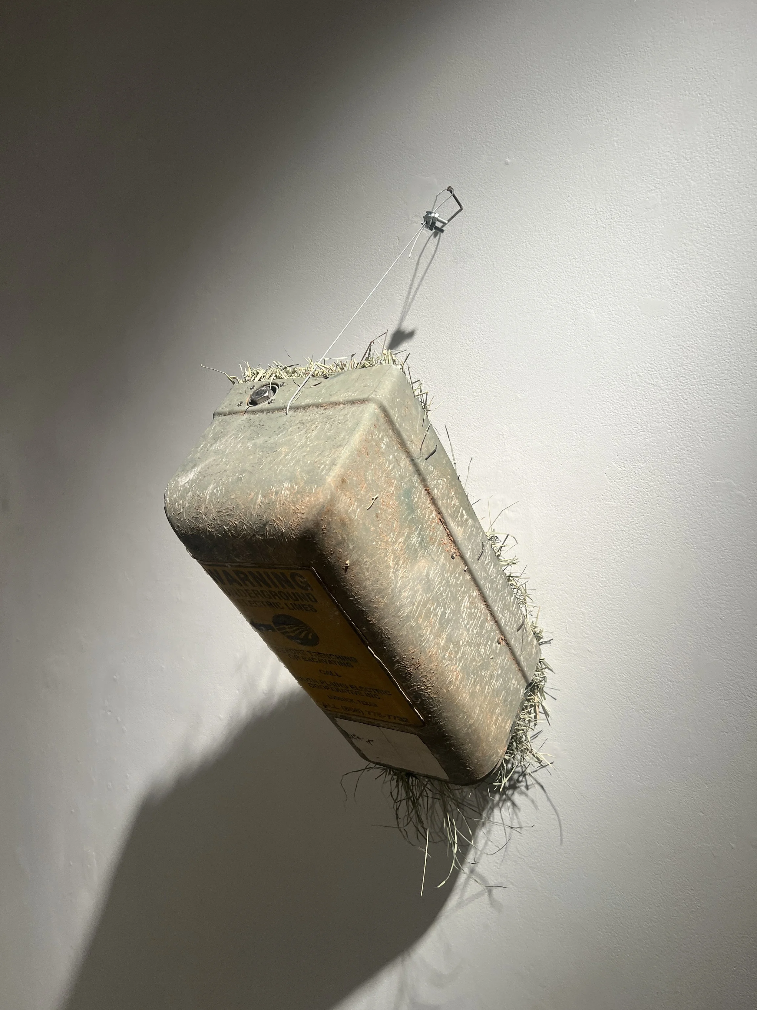 Reflective Pasture, Electric box, hay, metal wire, aircraft wire, nail, 40x9x35 in, 2025