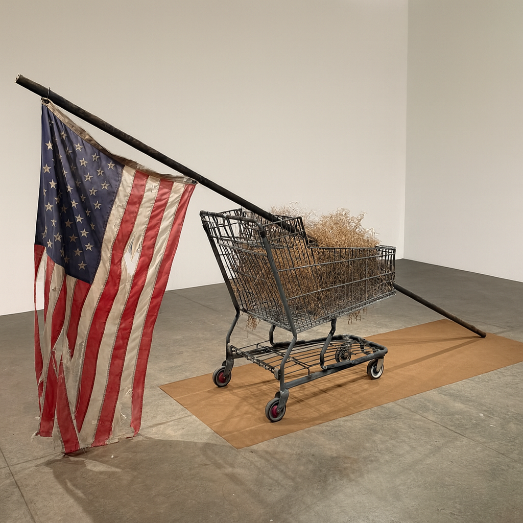 Wolfman Catnap, American flag, shopping cart, dust, tumbleweeds, metal pole, 76x43x95 in, 2025