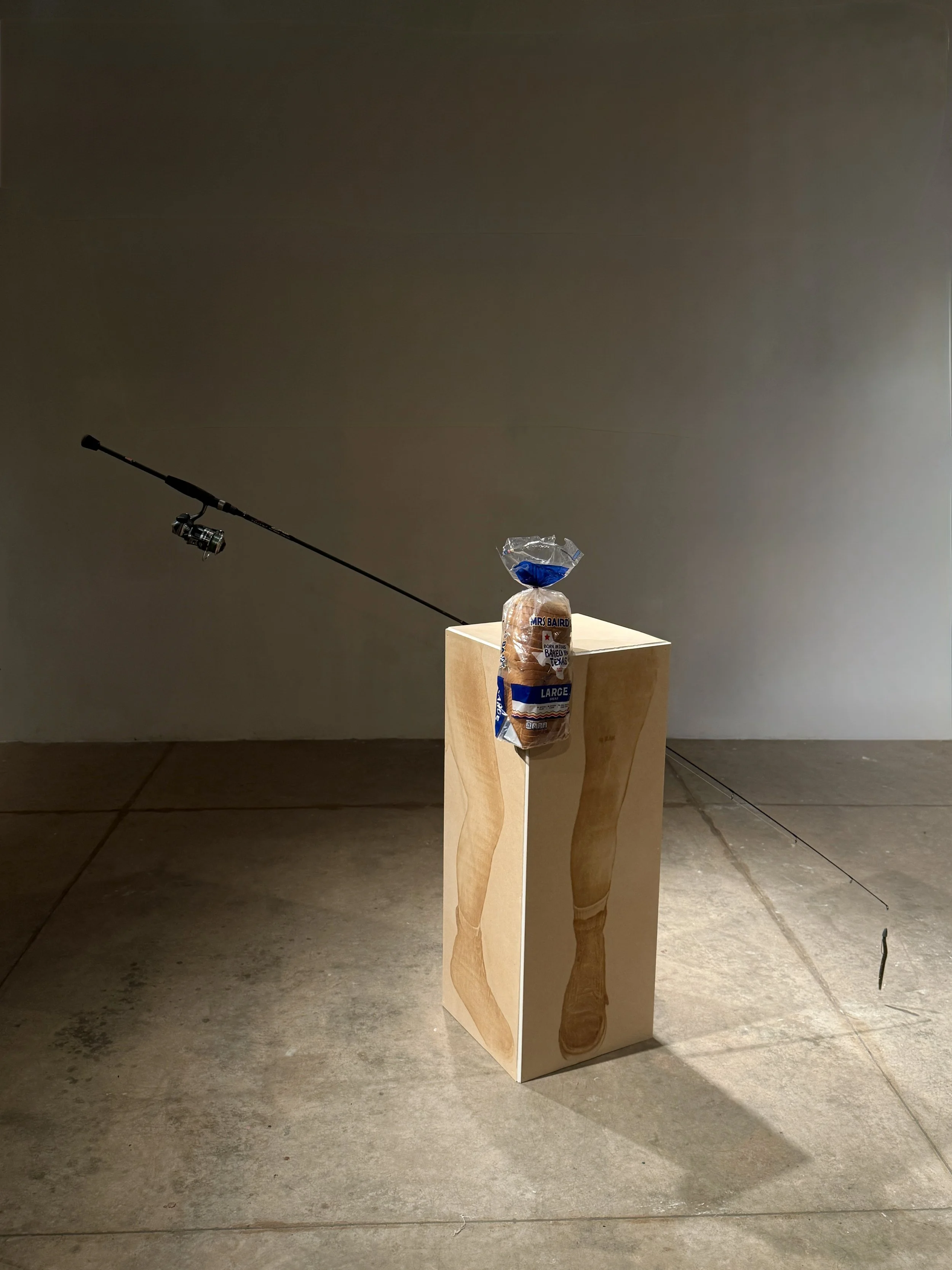 Walk The Line (Pattern Set 94) Fishing pole, fishing line, fishing lure, Mrs. Braird's bread, pedestal, 52x90x60, 2025