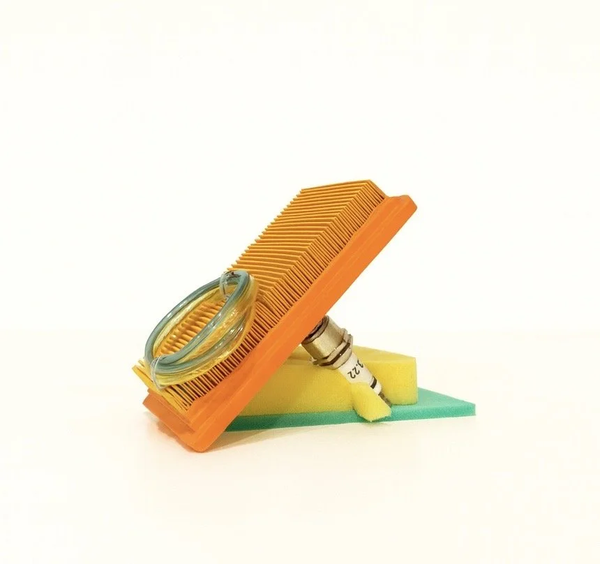 Boy Parts, Filter, yellow sponge, blue sponge, tubes, spark plug, 4x3x7 in, 2025