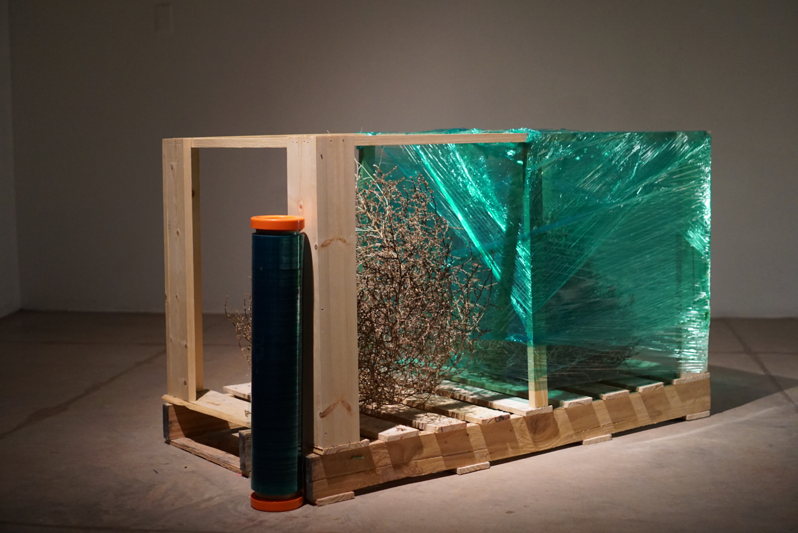 Ready to Ship, Wood, saran wrap, tumbleweeds, 28x27x46 in, 2025