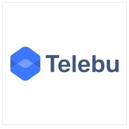 Telebu logo with a blue hexagon and the word 'Telebu' in blue text.