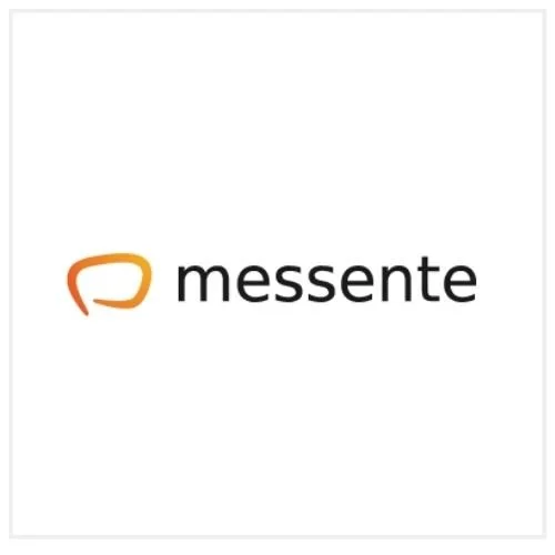 Messente logo with orange speech bubble icon and black text on white background.