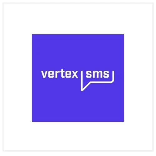 Vertex SMS logo with white text on a blue background.