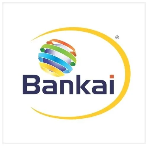 Bankai logo with a multicolored globe and a yellow curved line.