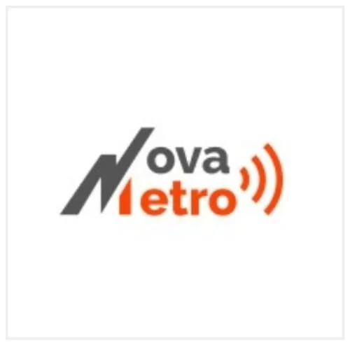 Logo of Nova Metro with stylized text and orange signal waves.
