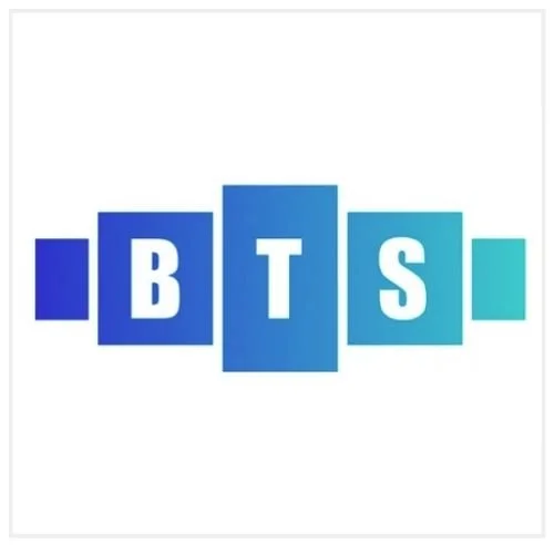 BTS logo with blue and teal blocks displaying the letters B, T, and S.