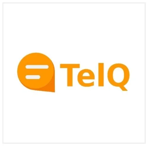 Orange speech bubble logo with a stylized white 'E' inside, followed by the text 'TelQ' in orange.