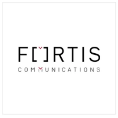 Logo for Fortis Communications with stylized letter F and brackets.