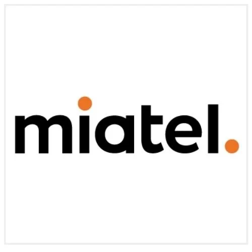 The logo of Miatel, featuring lowercase black letters with orange dots above the 'i' and at the end of the word.