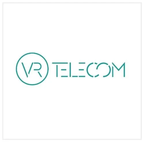 Logo with the text 'VR TELECOM' and a circular design around 'VR' on a white background.