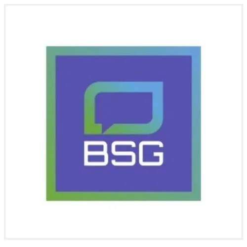 Logo with two speech bubbles in green and blue, with the letters "BSG" underneath, inside a blue square with a green border.