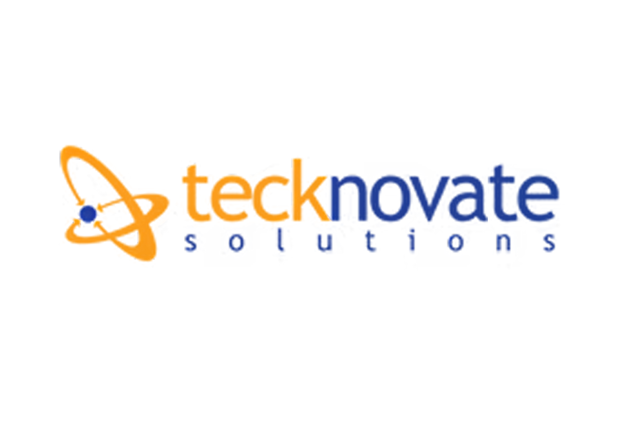 Logo for Technoate Solutions, featuring an orange and blue depiction of an atom or molecular structure, with the words 'Technoate' in orange and 'Solutions' in blue.