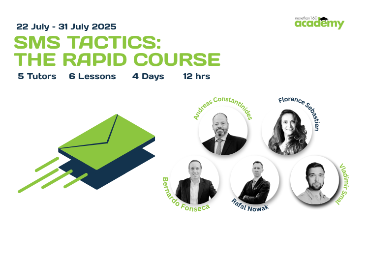Poster advertising a course titled "SMS Tactics: The Rapid Course" running from July 22 to July 31, 2025, with 5 tutors, 6 lessons, 4 days, and 12 hours. It features photos of five instructors: Andreas Constantines, Florence Sebastien, Bernado Fonseca, Rafar Nowak, and Vladimir Suni, with their names in a circular arrangement around their pictures.
