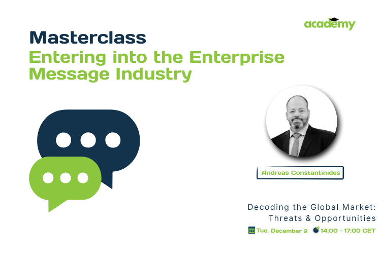 Book cover or presentation slide titled "How to build an efficient enterprise messaging business" with icons for SMS, Viber, Messenger, Telegram, WhatsApp, and Facebook Messenger, and a surrounding text indicating 'The myths & the facts behind the final destination of every SMS sent'.