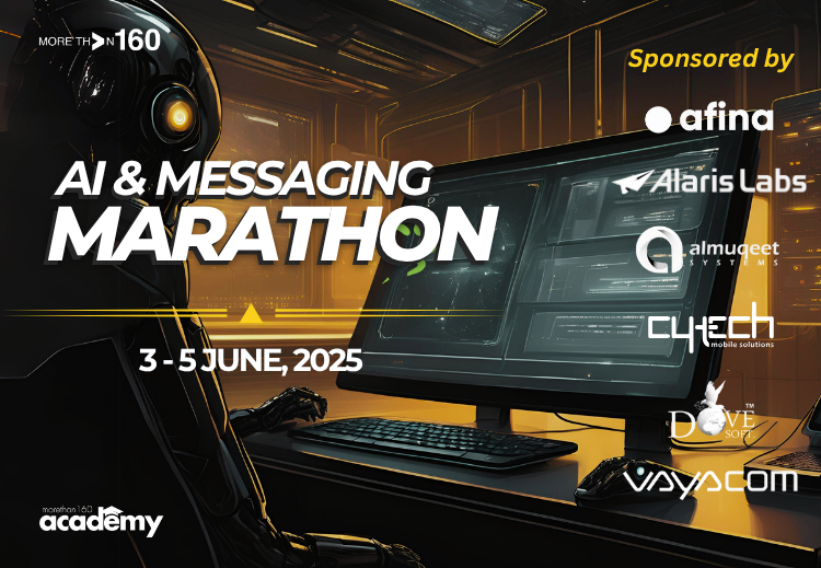 Futuristic digital environment with a robot at a computer and event details for the AI & Messaging Marathon held from June 3 to June 5, 2025, sponsored by several tech companies.