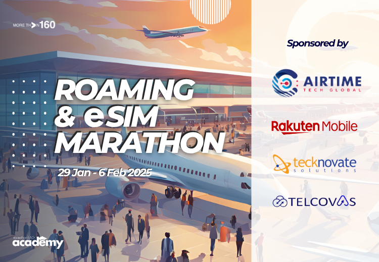 Illustration of an airport with airplanes and travelers, promoting the Roaming & eSIM Marathon event from January 29 to February 6, 2025, sponsored by Airtime, Rakuten Mobile, tecknocate Solutions, and TELCOVAS.