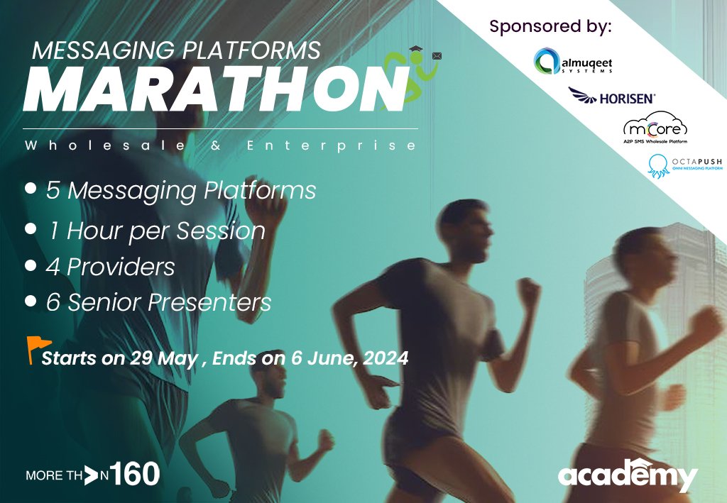 Poster for Messaging Platforms Marathon event, sponsored by Almuguet Systems, Horisen, mCore, and OctaPush, featuring running people against a cityscape background, starting May 29 and ending June 6, 2024.