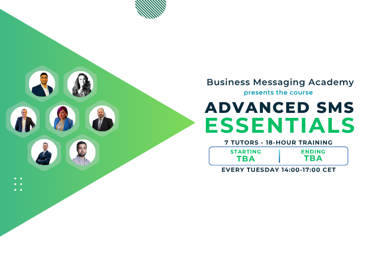 Graphic for Business Messaging Academy's Advanced SMS Essentials course with photos of seven trainers and details about the course schedule.
