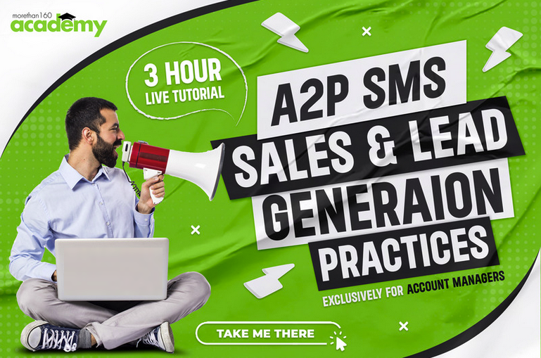Green promotional banner for a 3-hour live tutorial on A2P SMS sales and lead generation practices, exclusively for account managers, displaying a man sitting cross-legged with a laptop, holding a megaphone, with playful icons and call-to-action button.