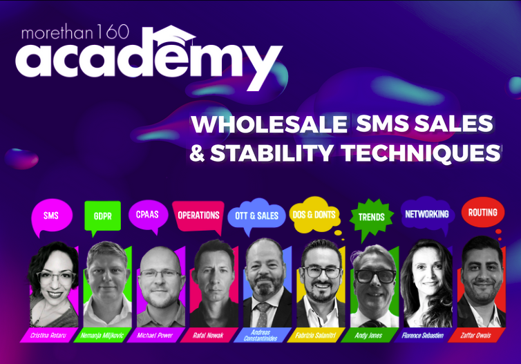 Promotional digital poster for More Than 160 Academy, focusing on wholesale SMS sales and stability techniques. It features images and names of nine speakers, each associated with topics like SMS, GDPR, CPAAS, operations, OTT & sales, DOS & DONTs, trends, networking, and routing.
