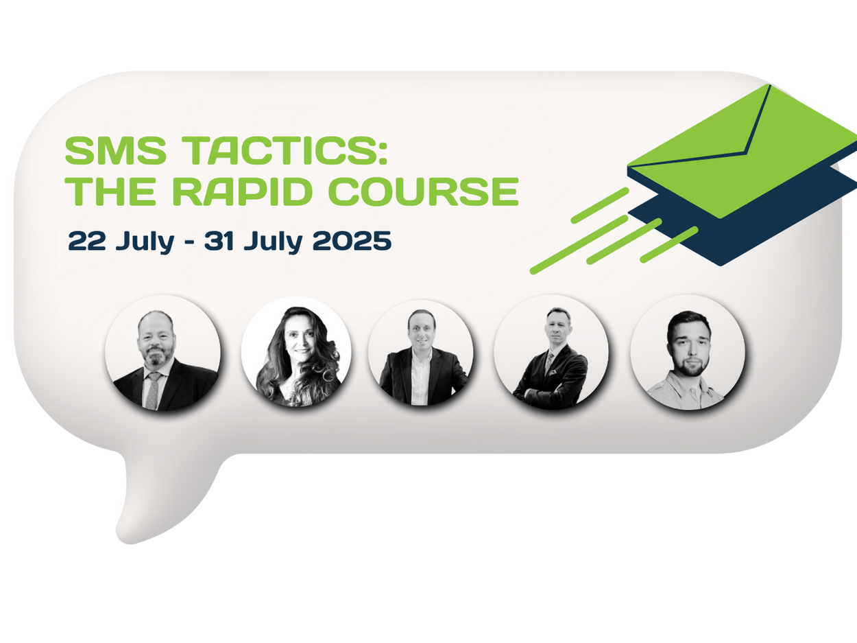 Banner for SMS Tactics: The Rapid Course, running from July 22 to July 31, 2025. Includes photos of five speakers or instructors.