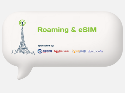 A white speech bubble containing text about Roaming and eSIM with a graphic of the Eiffel Tower and logos of Airtame, Rakuten Mobile, Tekomobile, and Telcovas.