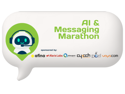 Banner for AI & Messaging Marathon sponsored by various tech companies, features a robot with a headset and green circular design.