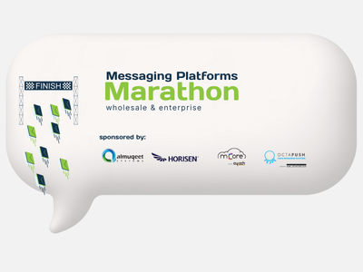 A speech bubble-shaped sign displaying a marathon event sponsored by various companies, including Almuequet, Horisen, M-Core, and Octapush, with the text 'Messaging Platforms Marathon' at the center.
